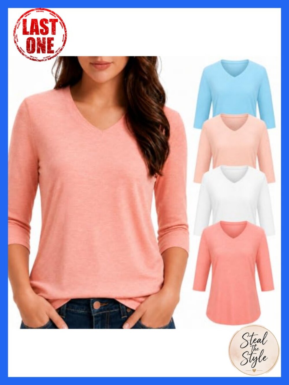 4 Pack 3/4 Sleeve V-Neck T-Shirts Women's Plus Size Loose Fit Tees